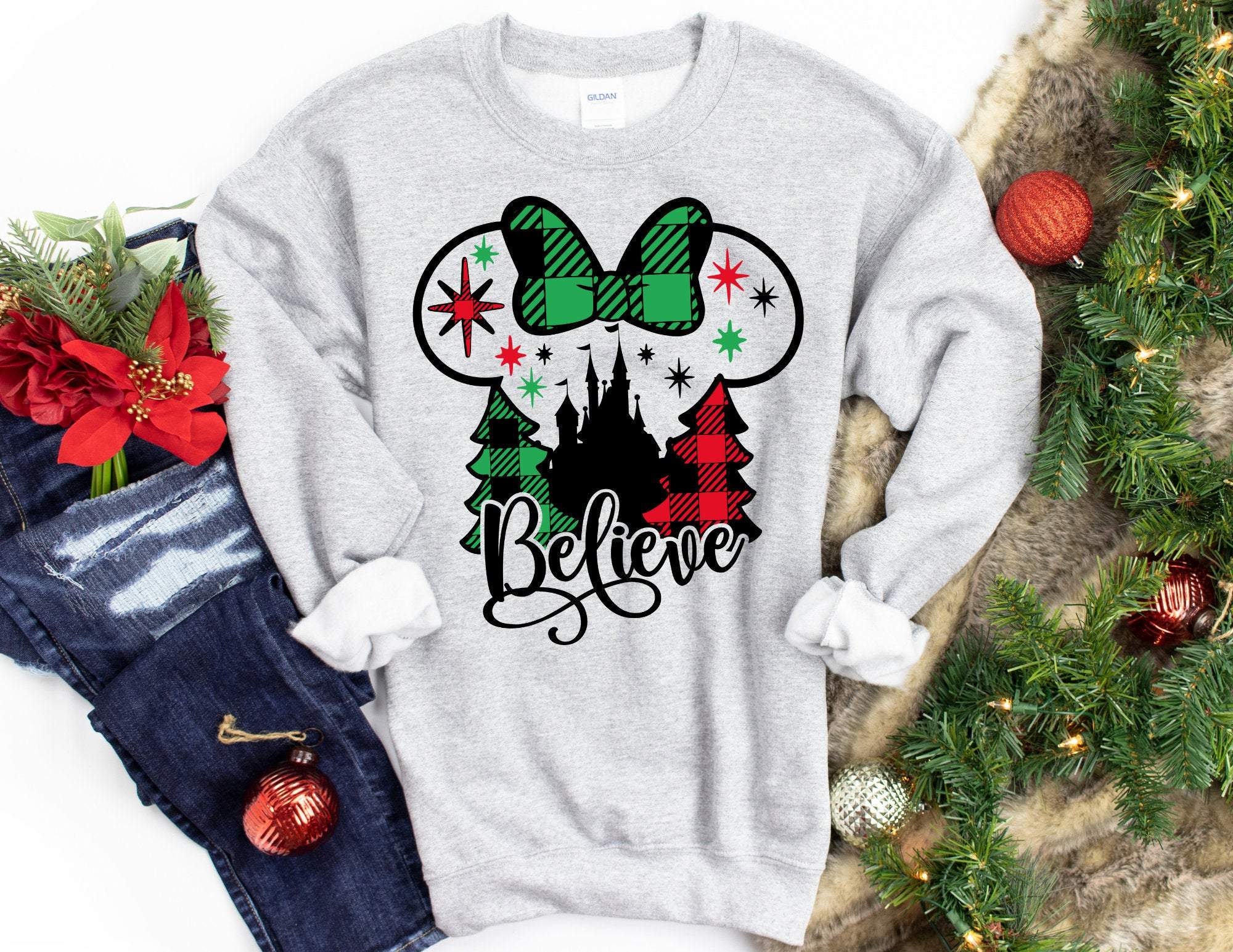 Believe Christmas Sweater With Trees, Christmas Sweatshirt, Christmas Sweater, Funny Christmas Sweater, Christmas Gift, Mouse Sweater T-Shirt Hoodie All Color Size S-5Xl