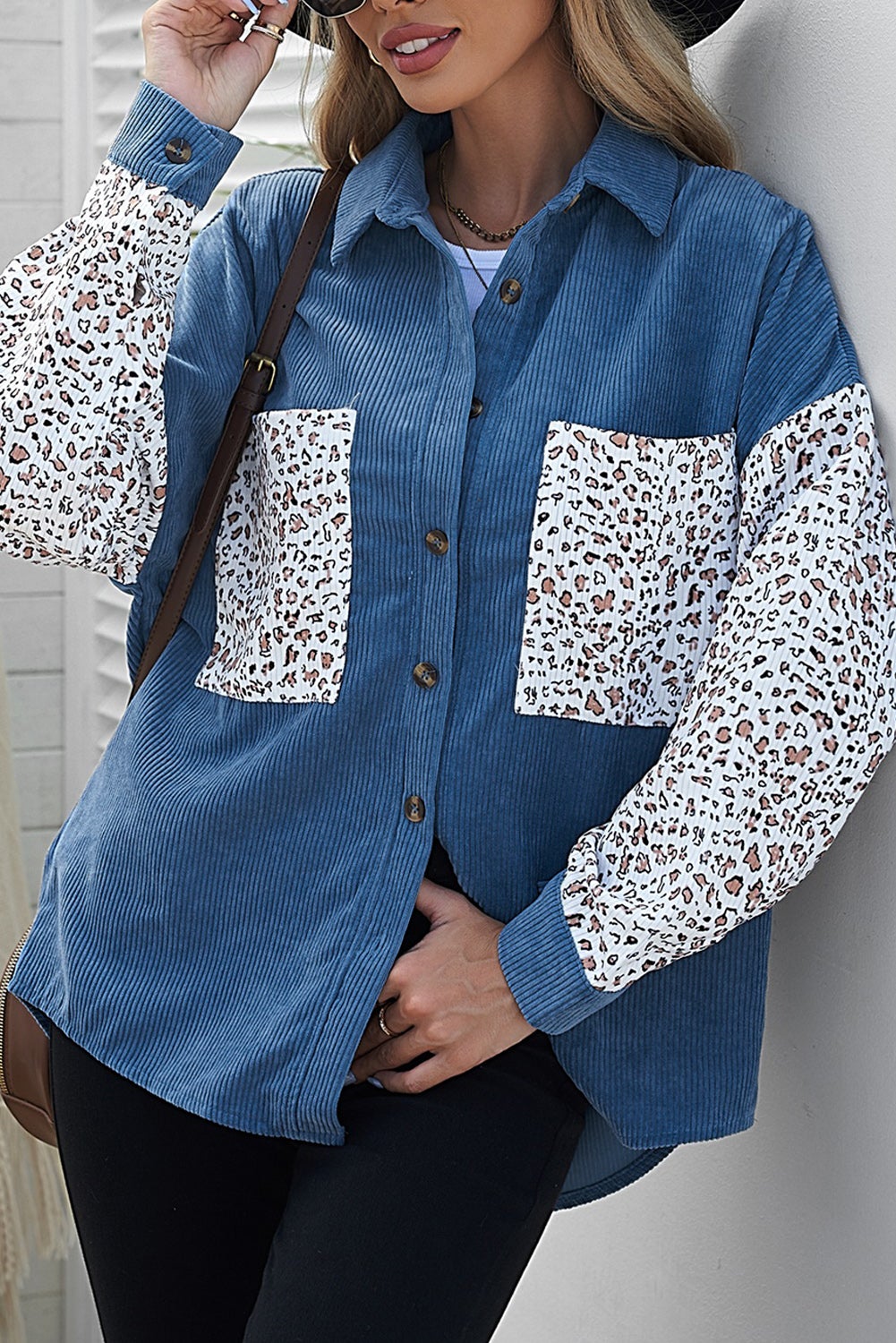 Azura Exchange Blue Leopard Patchwork Corduroy Buttoned Shirt Jacket