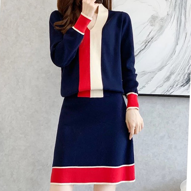 V-Neck Pretty Color-Block Autumn New Comfortable Long-Sleeved Sweater Fashion Knit Temperament A-Line Skirt Two-Piece Set alx