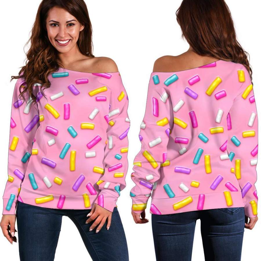 Pink Candy Pattern Print Women Off Shoulder Sweatshirt