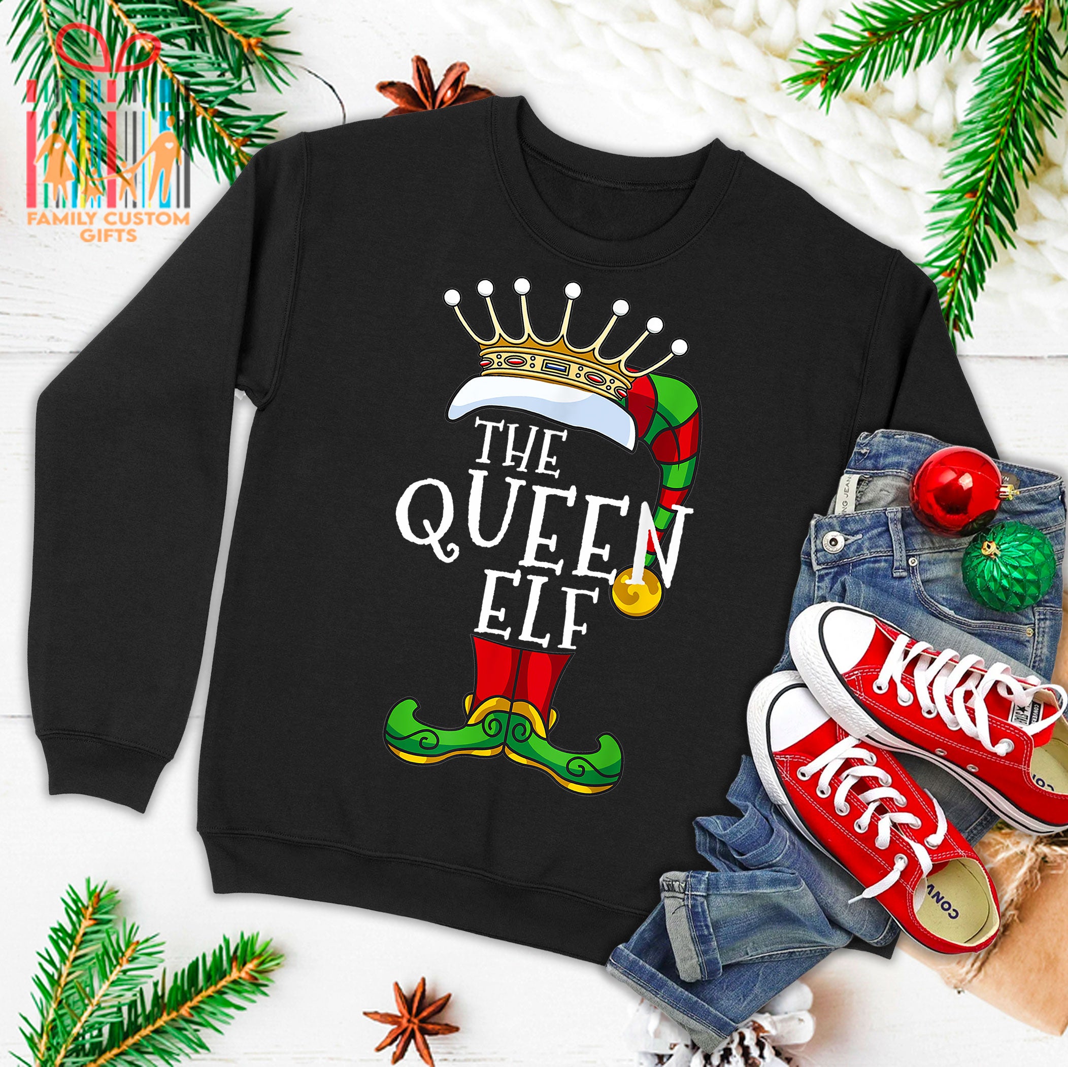 The Queen Elf Family Matching Christmas Group Funny Pajama Ugly Christmas Sweater T-Shirt