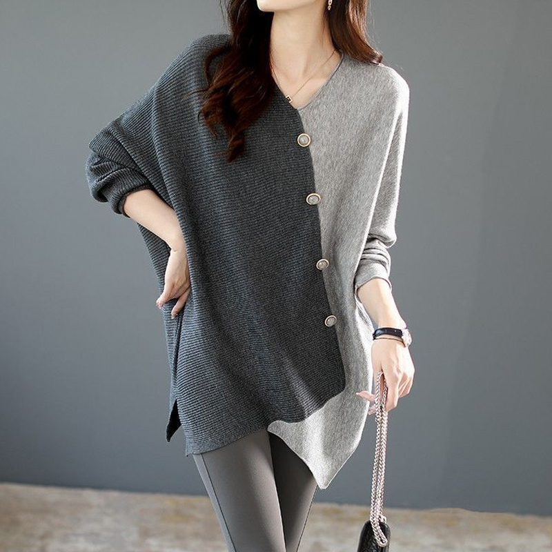 Spring Autumn New Contrast Color Patchwork Knitted Sweater V Neck Long Sleeve Loose Pullovers Simplicity Fashion Women Clothing alx