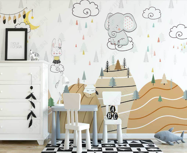 3D Cartoon Elephant Mountain Cloud Rain Rain Wall Mural Wallpaper Lqh 50