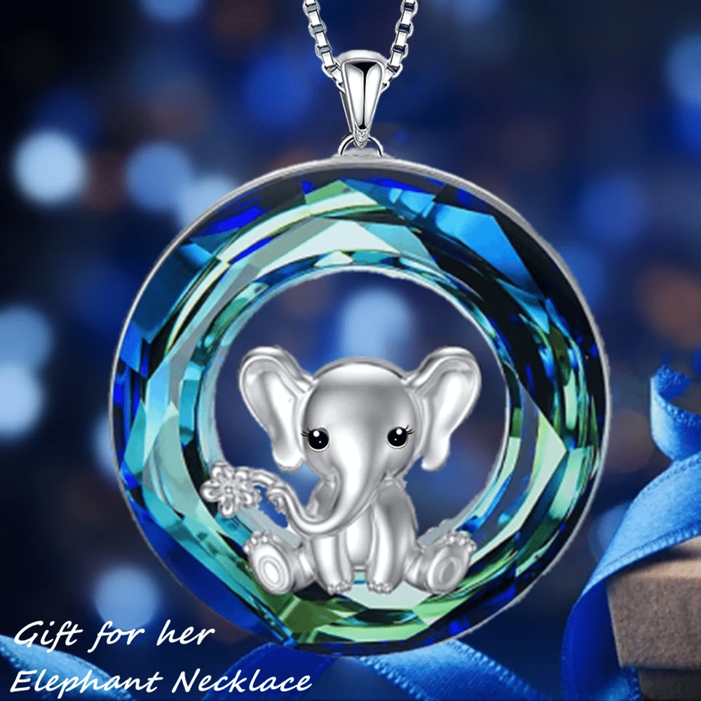 Round Blue Crystal Elephant Necklace