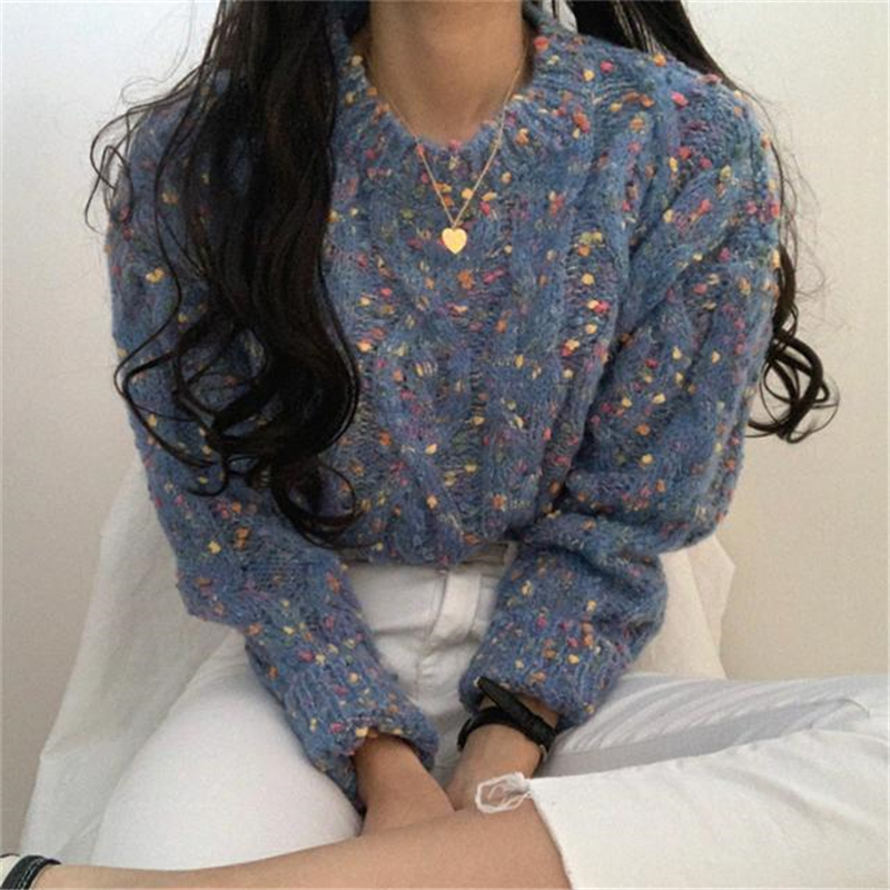 Casual Korean O Neck Sweater Women Print Vintage Sweet Sweater Loose Long Sleeve Chic Streetwear Autumn Sweater Women’s Clothing alx