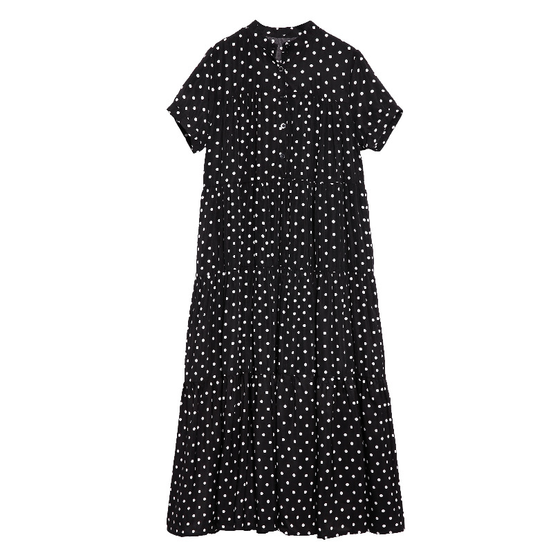 2022 Summer Polka Dot Black Vintage Pleated Dress Women Clothes Fashion New Short Sleeve Stand Loose Casual Elegant Dresses alx