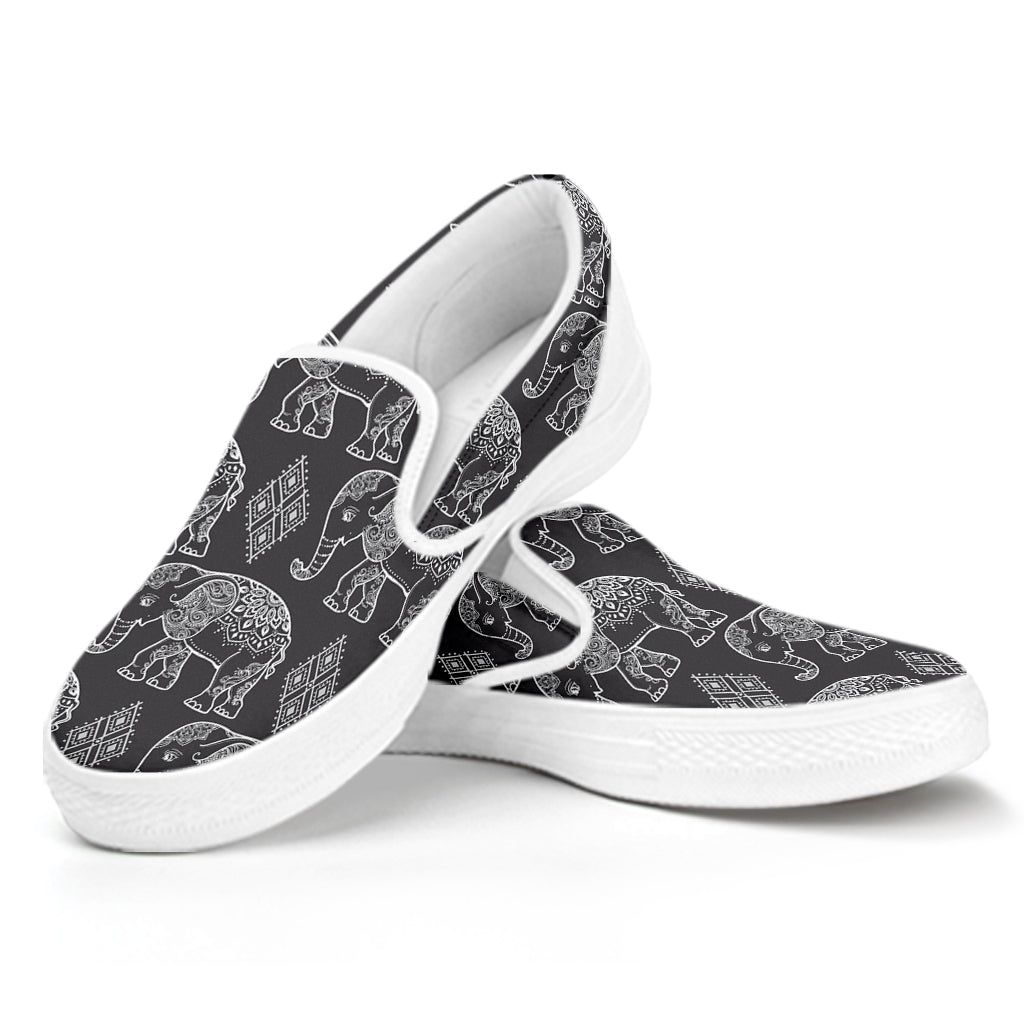 White And Grey Indian Elephant Print White Slip On Shoes