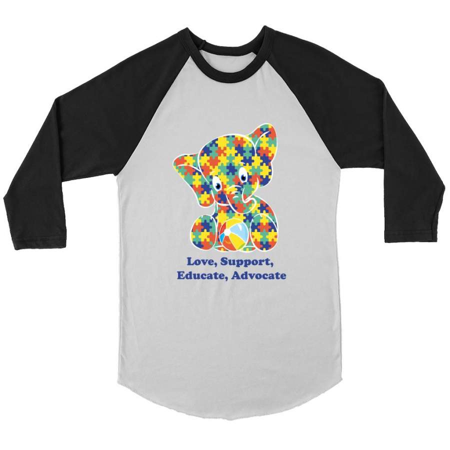 Autism Elephant Strong Love Support Educate Advocate – Canvas 3/4 Raglan Shirt