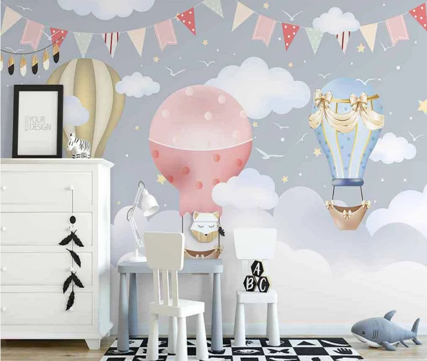 3D Cartoon Colorful Flag Hot Air Balloon Animal Cloud Wall Mural Wallpaper Lxl