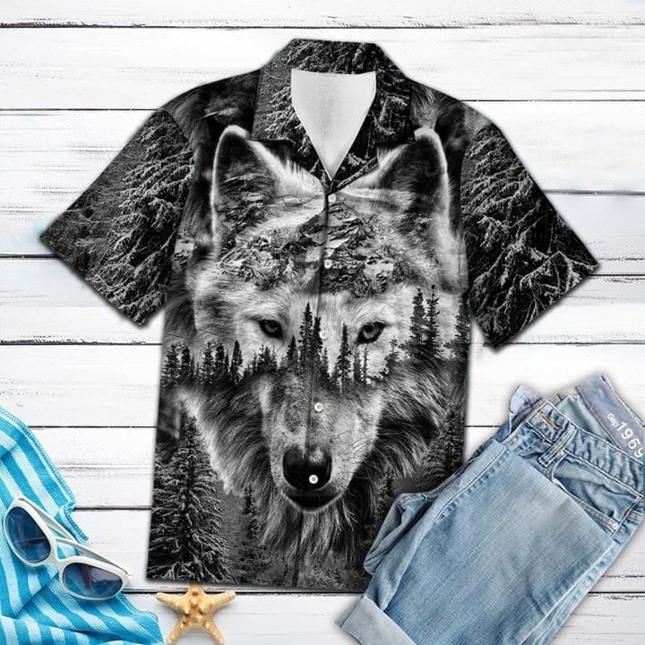 Wolf Animal Lovers Hawaiian Graphic Print Short Sleeve Hawaiian Casual Shirt