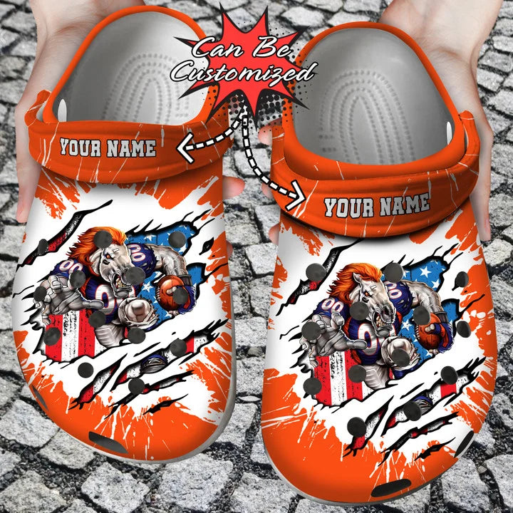 Football Crocss – Personalized Denver Broncos Mascot Ripped Flag Clog Shoes