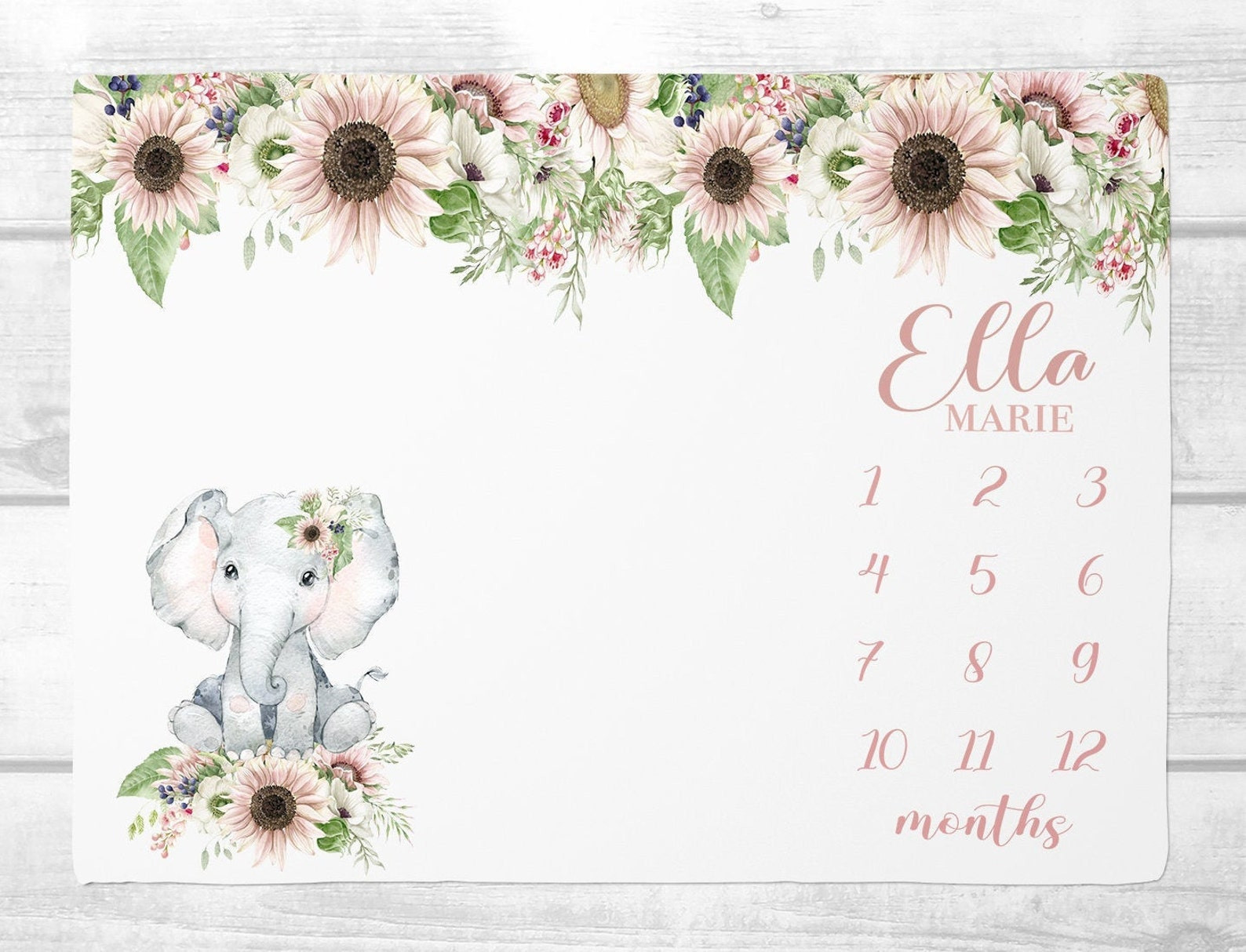 Personalized Elephant And Daisy Monthly Milestone Blanket, Newborn Blanket, Baby Shower Gift Adventure Awaits Monthly Growth