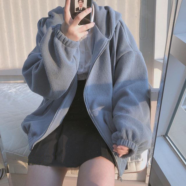 Women with Hat Hoodies Solid Loose Zip-up Hooded Sweatshirts Young Lady Blue Thickening Winter Warm Fashion Korean Style Outwear alx