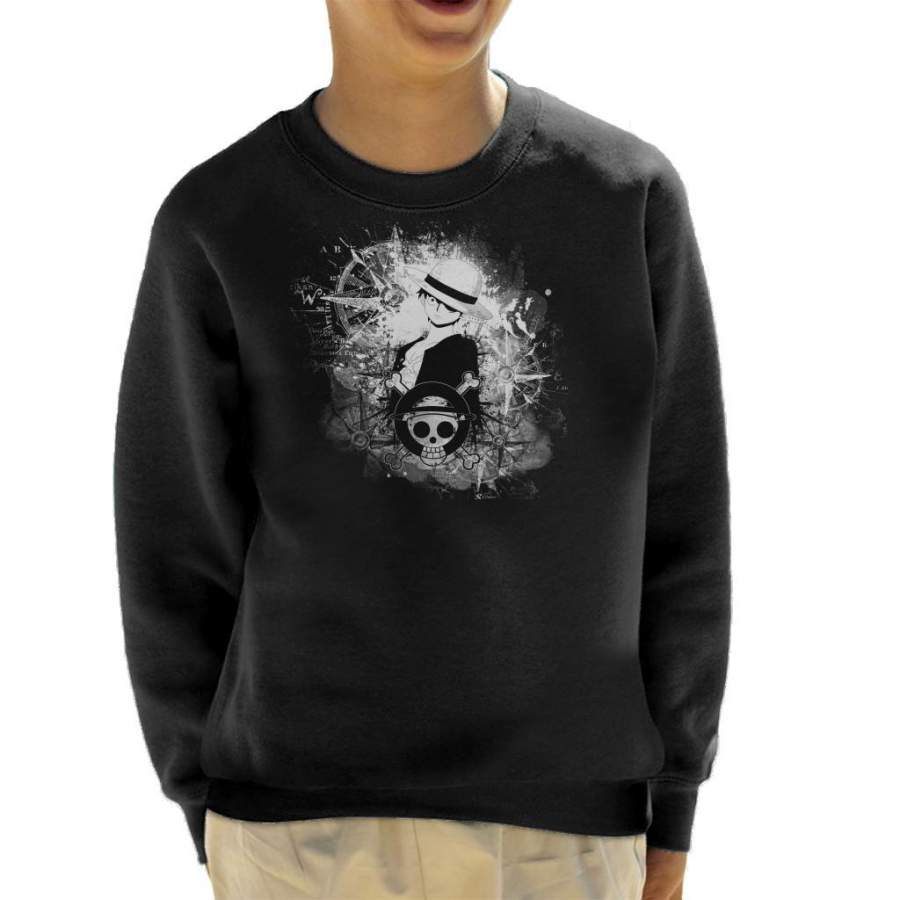 One Piece Luffy Black and White Silhouette Montage Kid’s Sweatshirt