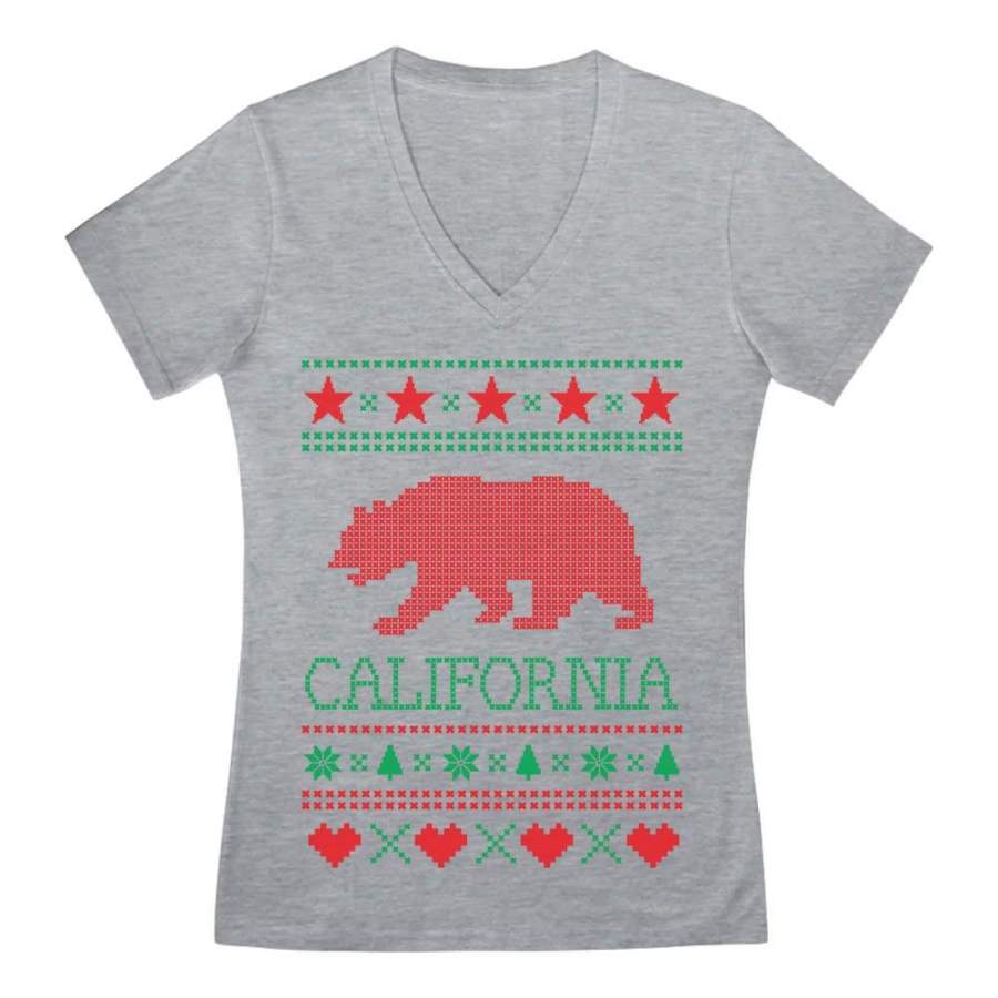 California Republic Bear Ugly Christmas Sweater V-Neck Fitted Women T-Shirt