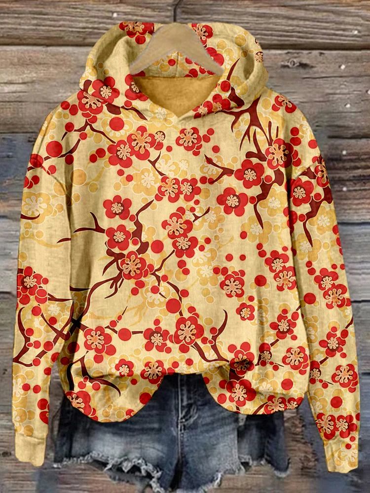 Japanese Plum Blossom Art Vintage Cozy Hoodie