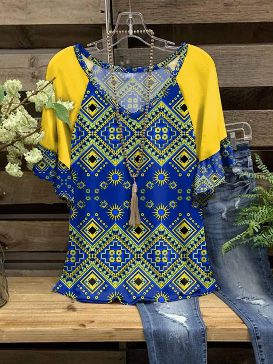 Women’S Blue And Yellow Printed V-Neck Top