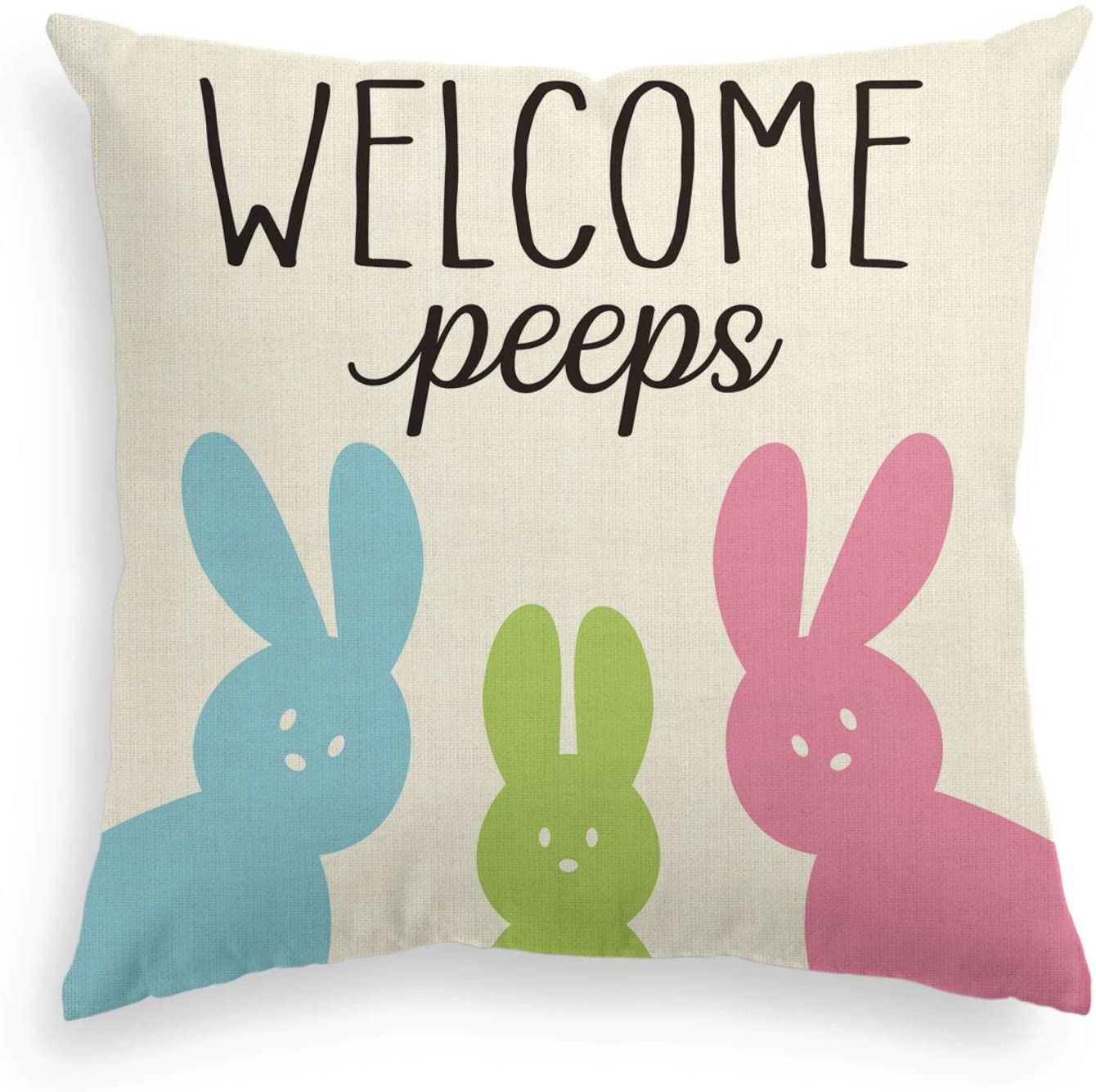 Avoin Welcome Peeps Easter Bunny Throw Pillow Cover, Rabbit Spring Cushion Case Decoration For Sofa Couch