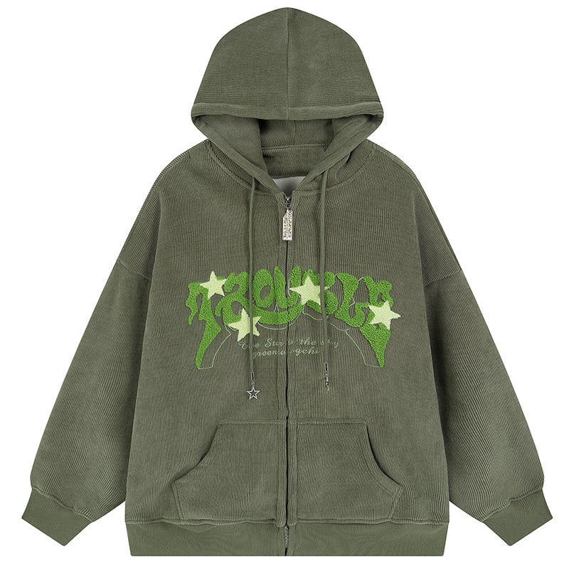 Lemandik Corduroy Zipper Hoodie Flocked Star