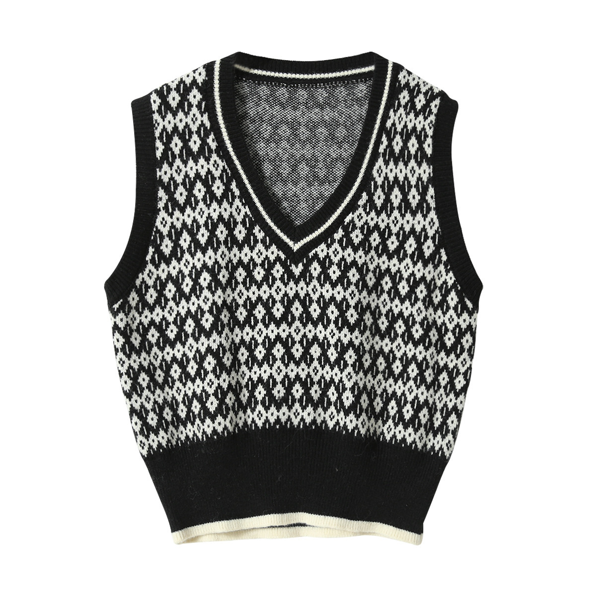 V Neck Geometric Waistcoat Knitted Pullover Vest Vintage Woman Sweater Pull Over Knit Vest Korean Fashion Jersey Sin Mangas alx