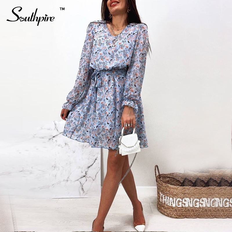 Southpire Women’s V-Neck Blue Floral Print Ruffle Sexy Mini Dress Chiffon A-Line Long Sleeve Street Wear Casual Dress With Belt alx