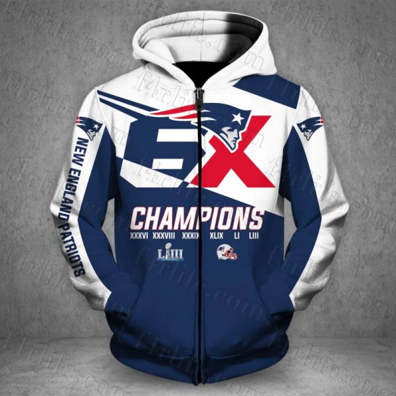 Men / Women New Design New England Patriots Super Bowl Champions 3D Zipper Hoodie, Zipper Hoodie for Patriots Fans