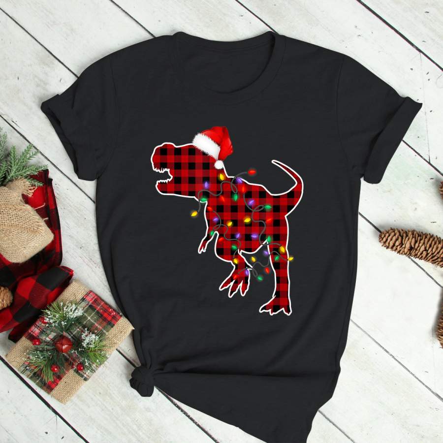 Red Plaid Dinosaur T Rex Christmas Lights Pajamas Adult Kids T-Shirt