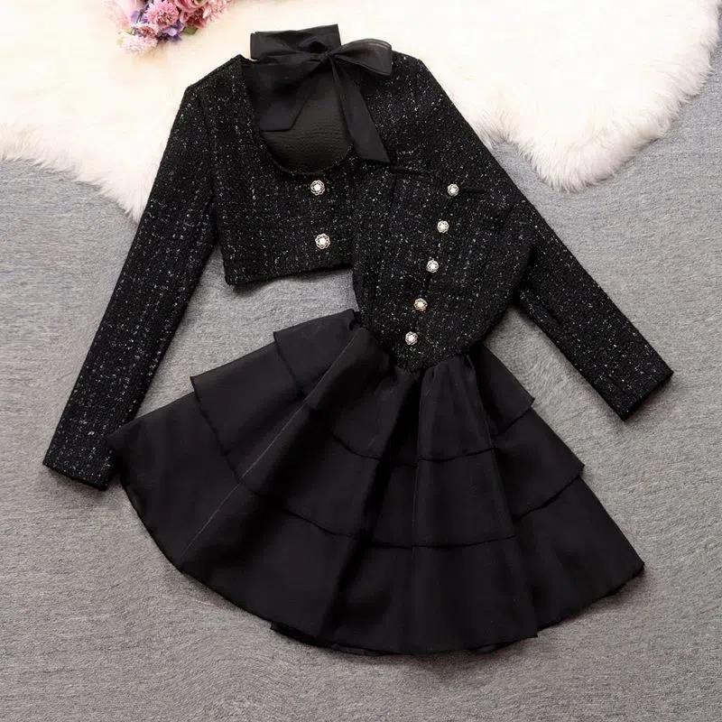 Women Elegant Tweed Suit Bow Jacket Coat Crop Top And Mesh Blosseau Dress Two Piece Set Matching Outfit Evening Party Clothing alx