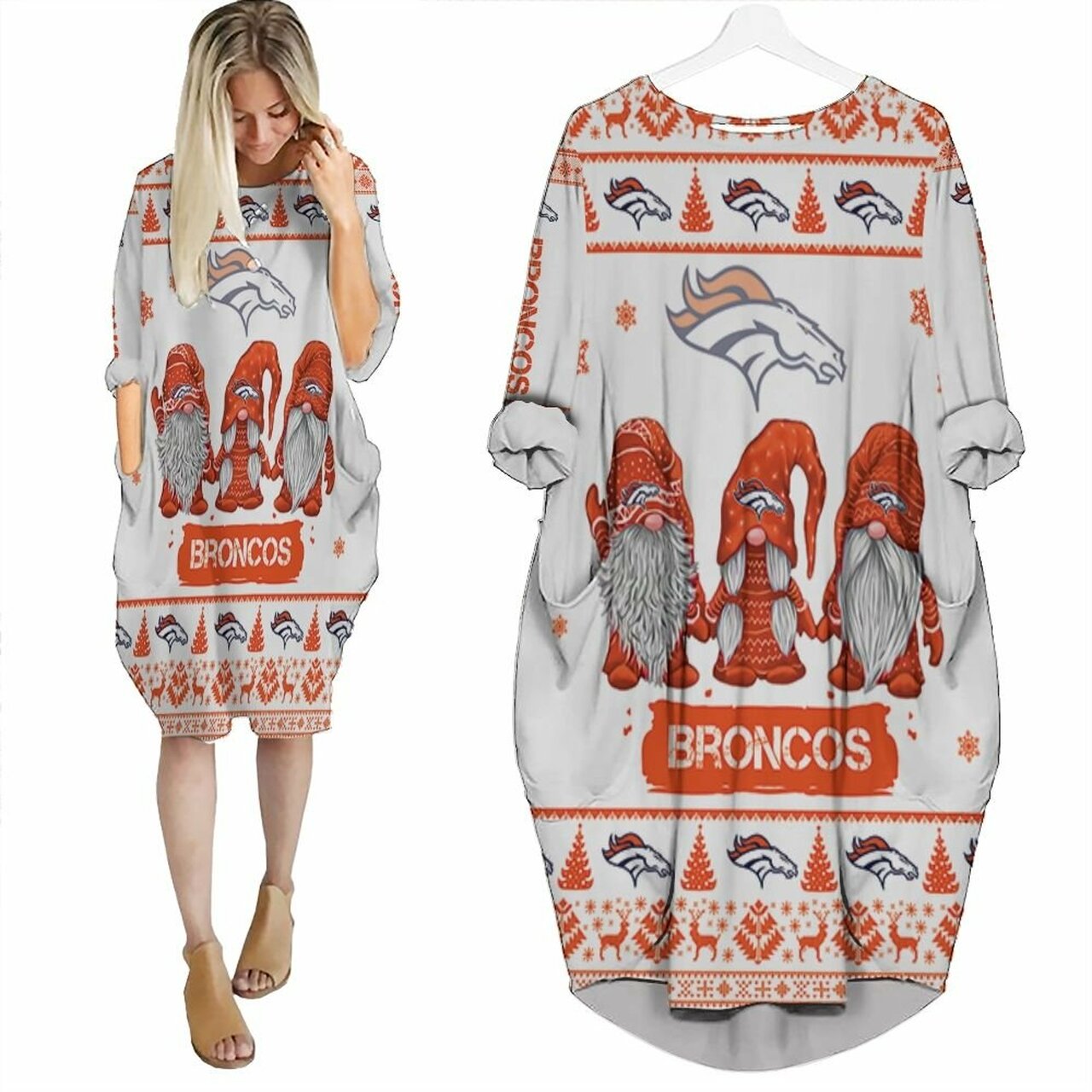 Christmas Gnomes Denver Broncos Ugly Sweatshirt Christmas 3D Batwing Pocket Dress Model A29683