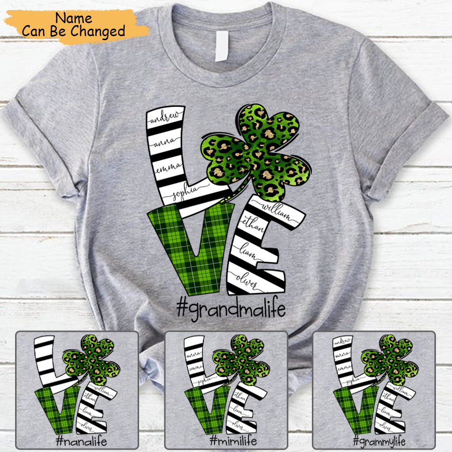 Personalized Love Grandma Life With Grandkids Shamrock St Patricks Day T-Shirt