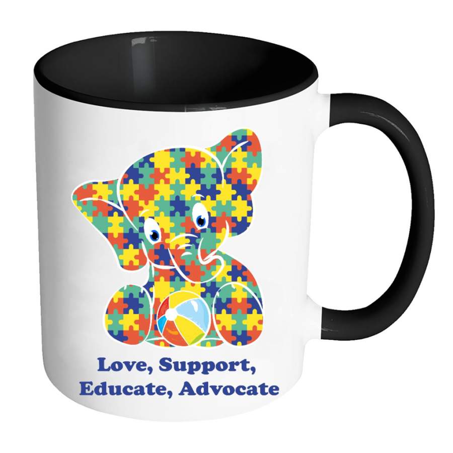 Autism Elephant Strong Love Support Educate Advocate – Full-Wrap Coffee Colors Accent Mug