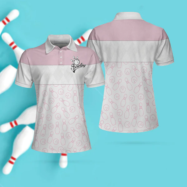 Pink Bowling Balls And Pins Pattern Bowling Short Sleeve Women Polo Shirt, White Bowling Polo Shirt For Ladies Coolspod