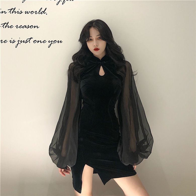 Black Slit Dress Women’s Clothing Retro Patchwork Velvet Lantern Sleeve Dress Sexy Woman Dresses Vestido De Mujer Femme Robe alx