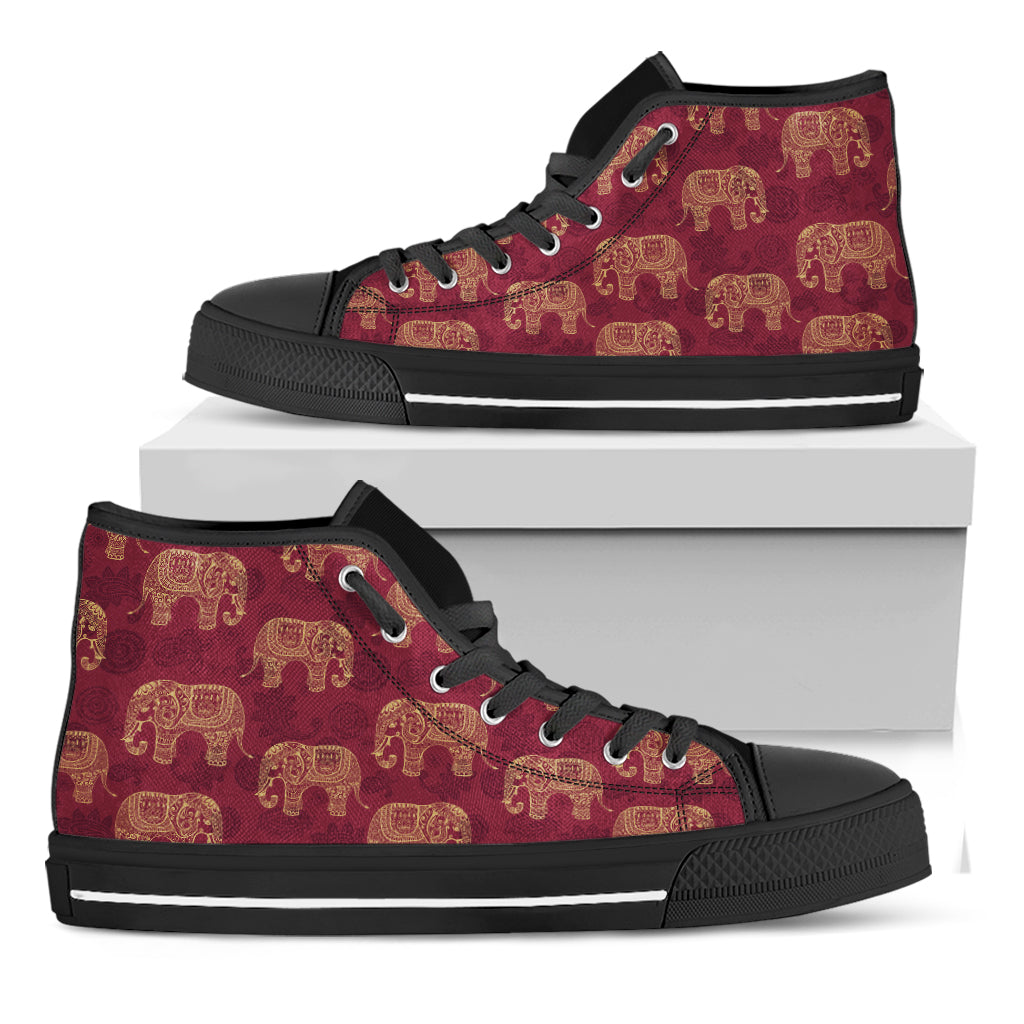 Gold And Red Boho Elephant Print Black High Top Shoes