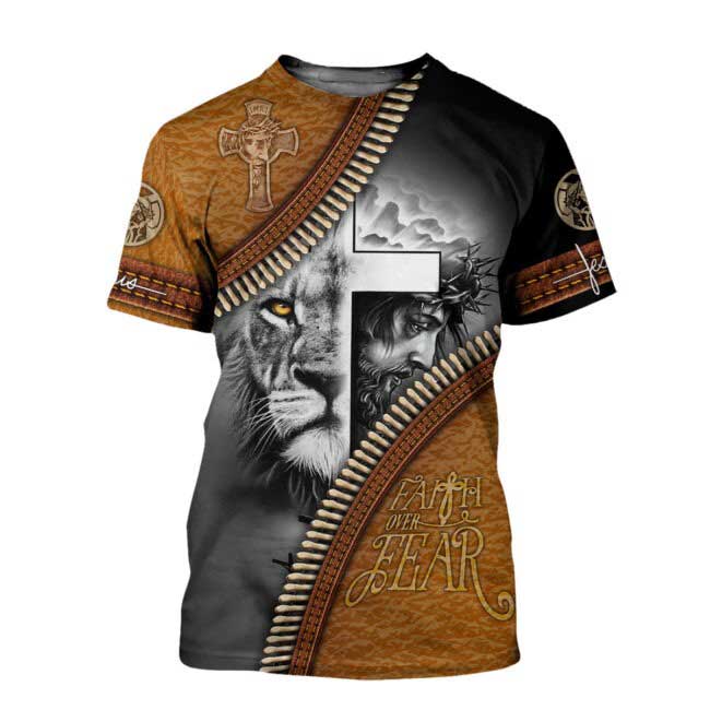 Faith Over Fear 3D All Over Printed Hoodie, Sublimation Jesus Lion Shirt, American Jesus 3D Tee Shirts