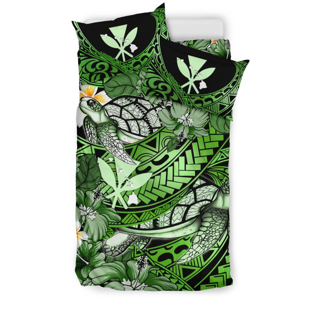 Kanaka Maoli (Hawaiian) Bedding Set – Waves Polynesian Turtle Hibiscus (Green) A24