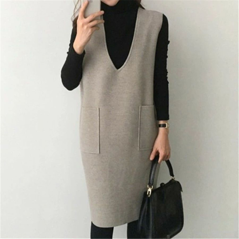 V-Neck Long Vest Dress Pullover Sleeveless Woolen Dresses Women 2022 Spring Autumn Korean Style Loose Tank Dress with Pockets alx