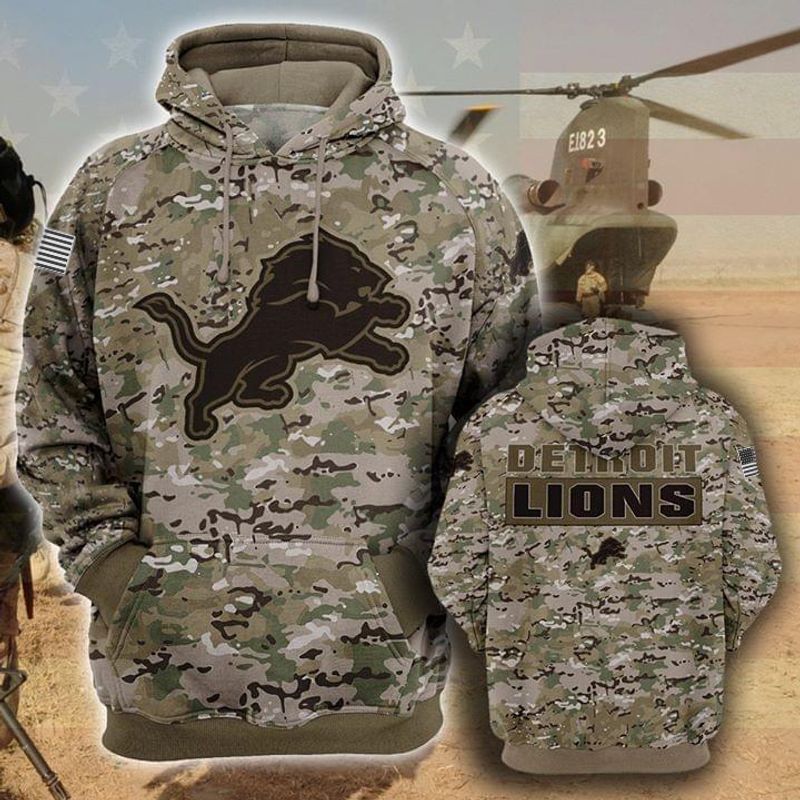 Detroits Lions Camouflage Veteran 3D Cotton T-Shirt Hoodie