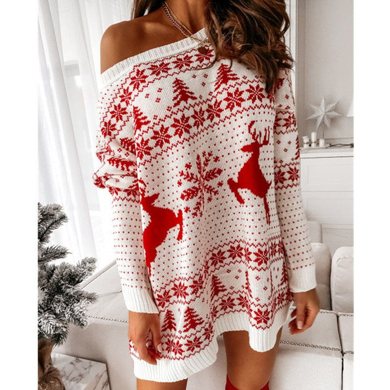 2021 Women Christmas Sweater Dress Autumn Winter Long Sleeve Off Shoulder Kniteed Casual Pullover Oversized Fashion Jumper alx