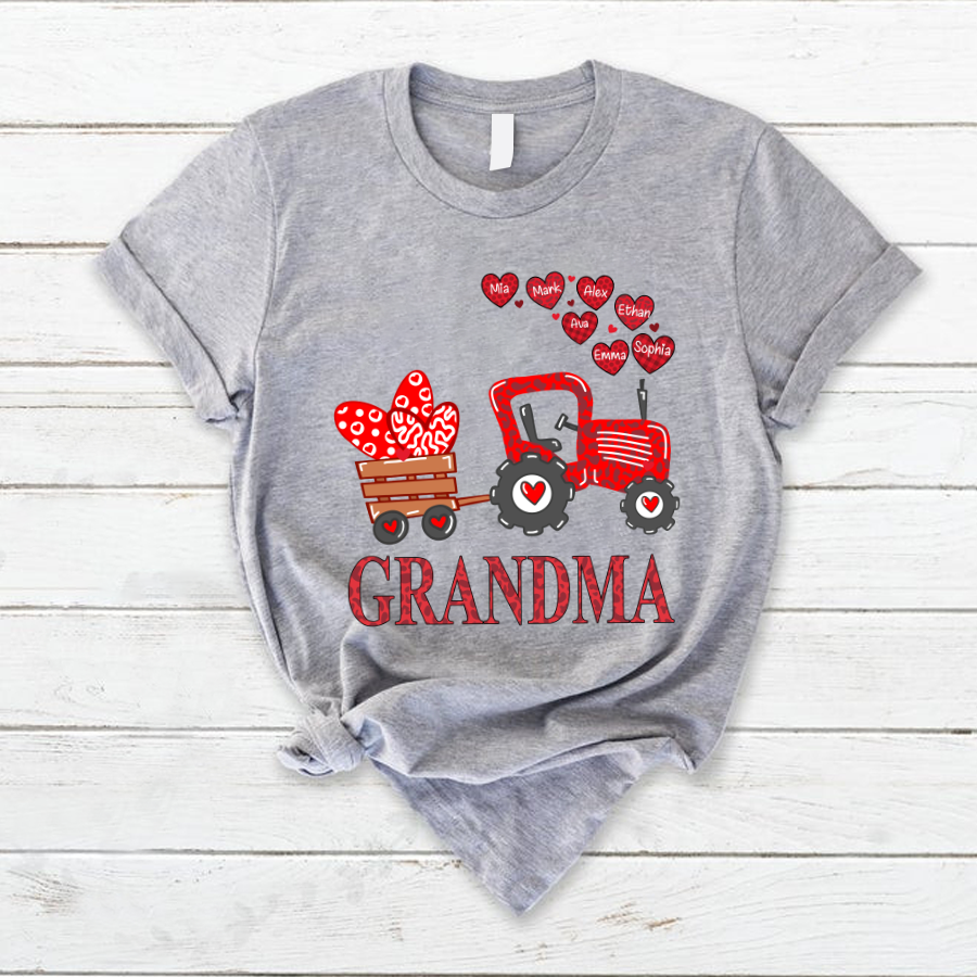 Personalized Shirt, Grandma And Grandkids Heart Tractor T-Shirt