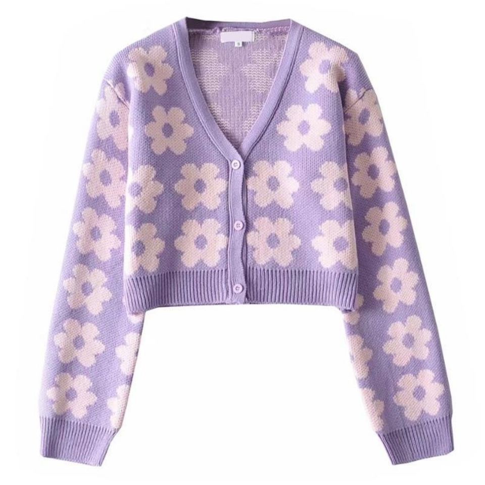 2022 New Vintage Girl Cute Loose Slim Vintage Versatile Purple Flower Short V-Neck Knitted Cardigan Women Sweater alx