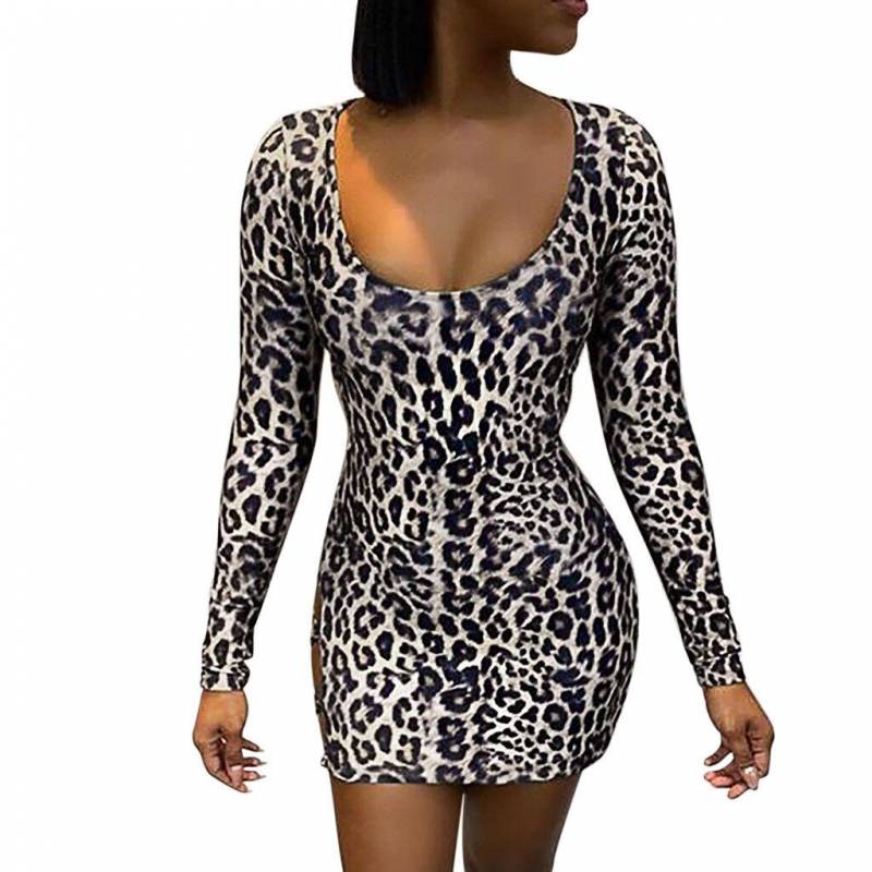 Sexy Print O-Neck Long Sleeves Leopard Dress