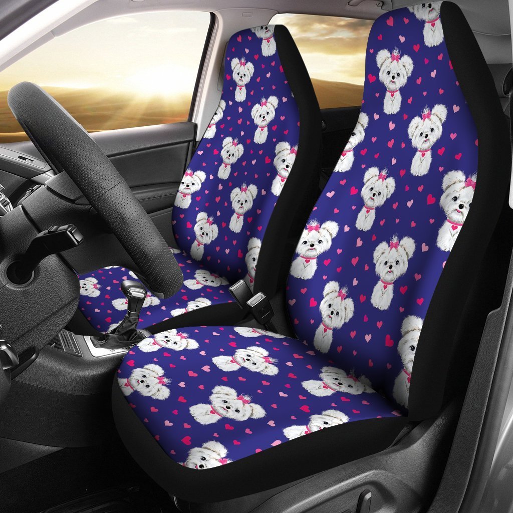 Puppy Dog Maltese Pattern Print Seat Cover Car Seat Covers Set 2 Pc, Car Accessories Car Mats