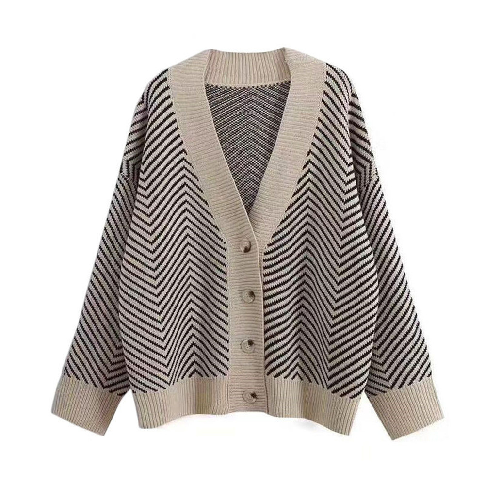 2021 Long Sleeve Casual Outwears V Neck Buttons Coat Knitted Striped Cardigan Sweater Women Fashion Patchwork Top Spring alx