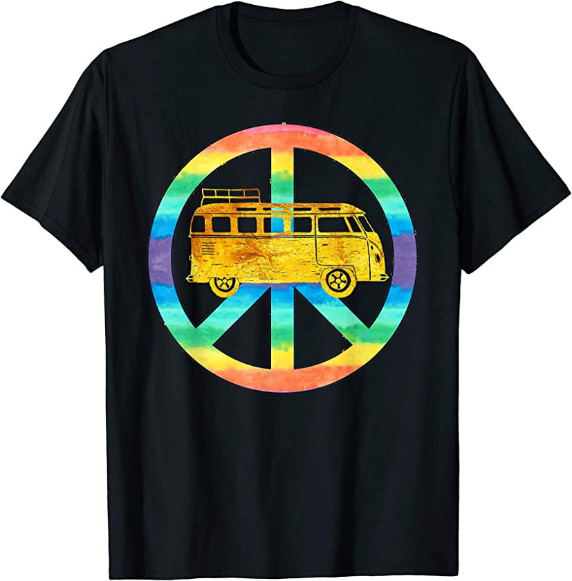 Vintage Hippie Bus Rainbow Van Peace Sign Car Gold T Shirt