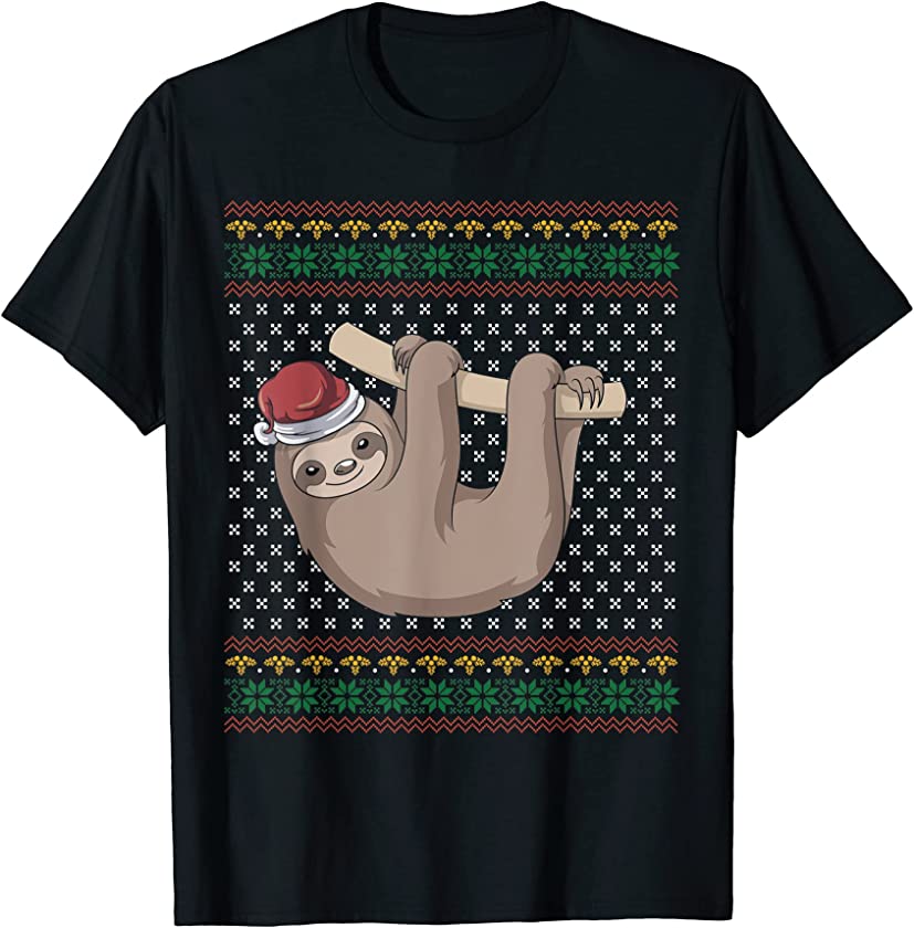 Ugly Christmas Merry Xmas Lazy Animal Lover Santa Hat Sloth T-Shirt