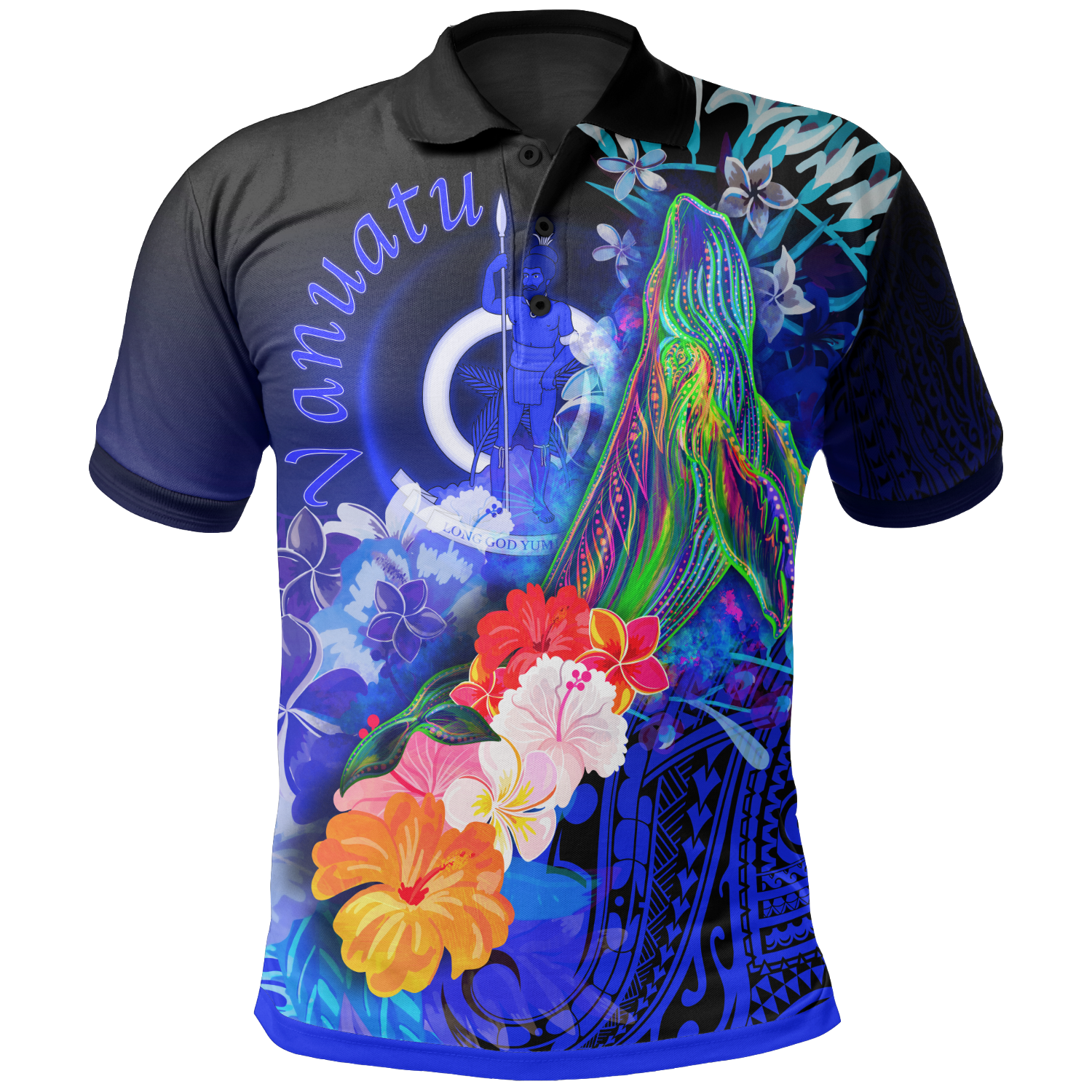 Vanuatu Polo Shirts – Humpback Whale With Tropical Flowers (Blue)