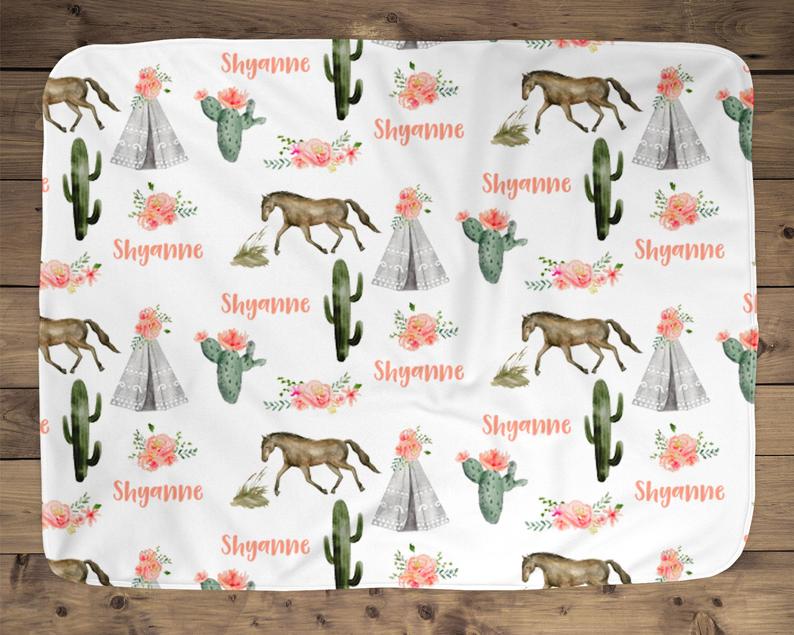 Western Personalized Girl Name Blanket, Name Baby Blanket, Baby Gift, Horse Blanket, Blanket Girl Floral