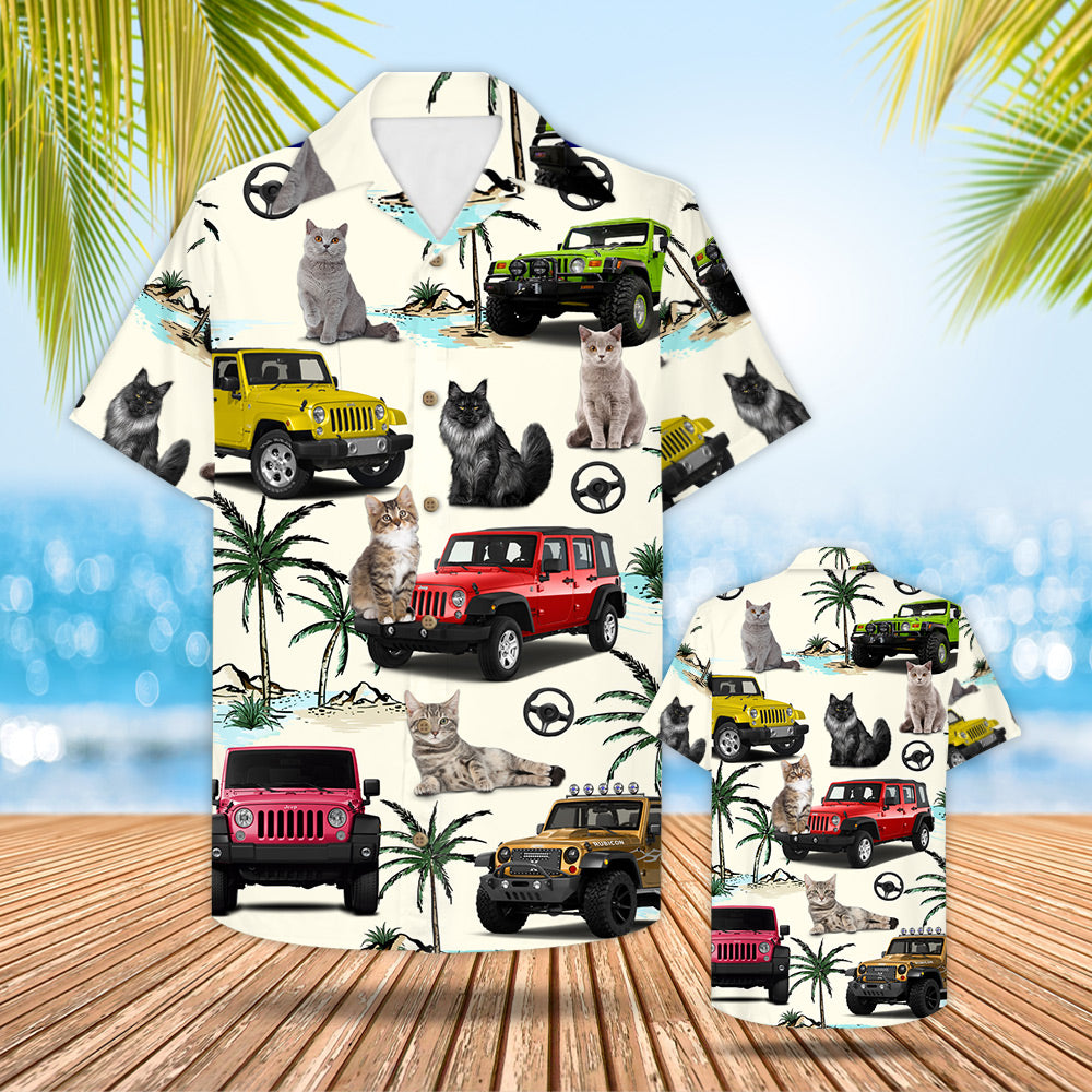 Jeep Cat Hawaiian Shirt – Gift For Jeep Trips – Cat And Jeep Pattern Trna