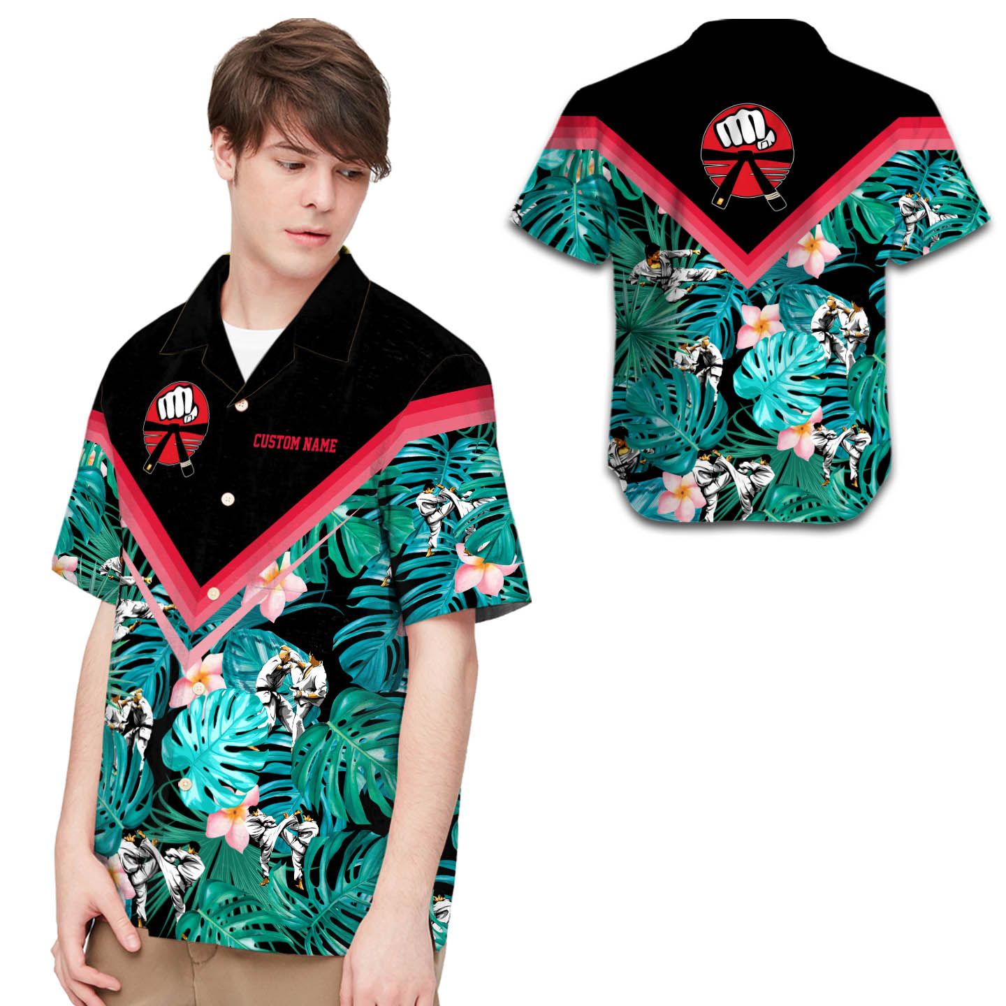 Karate Green Tropical Flowers Custom Name Men Hawaii Shirt Ha110967